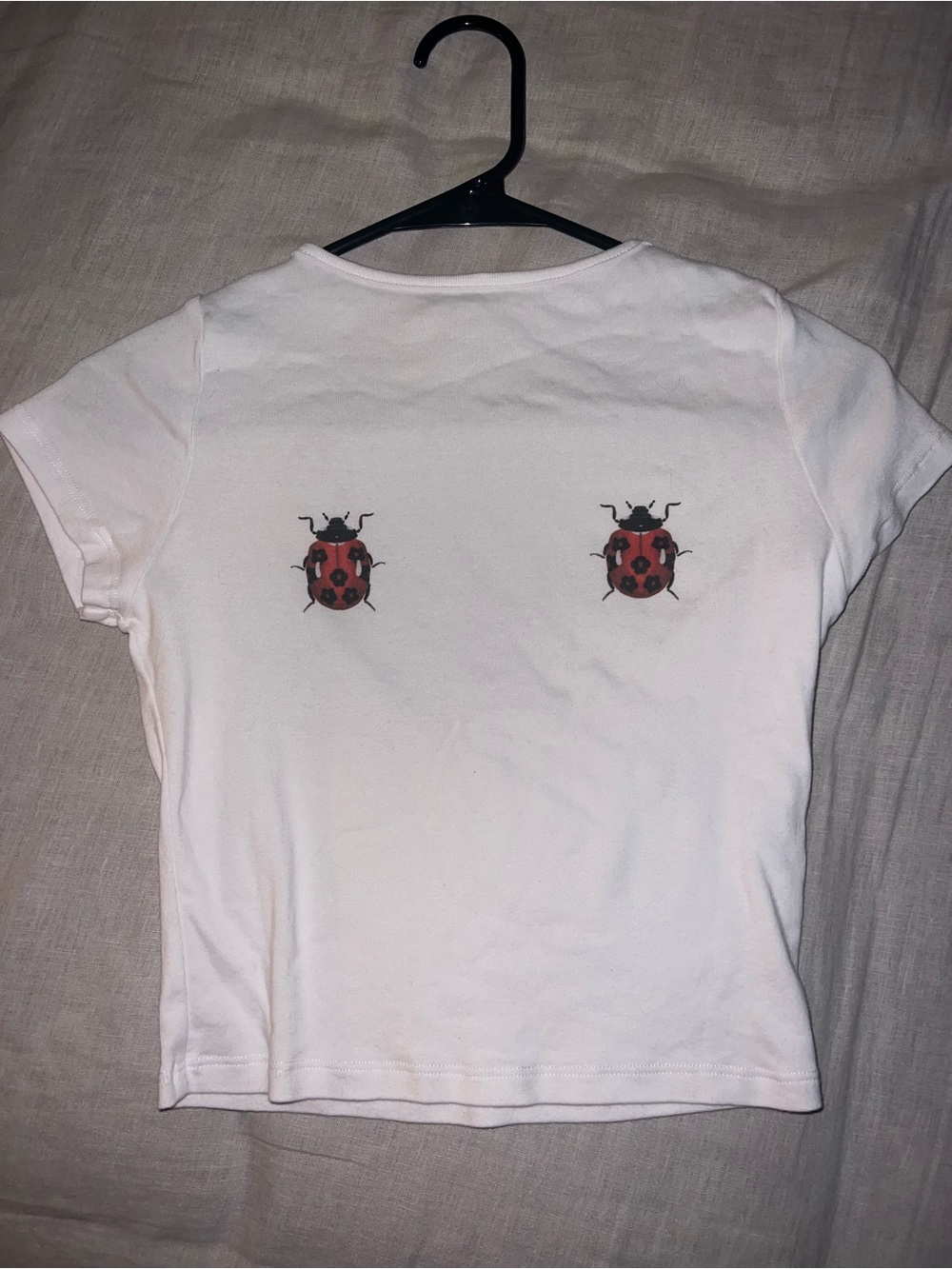 Lisa Says Gah White Short Sleeve Tee with Red Ladybug Motif